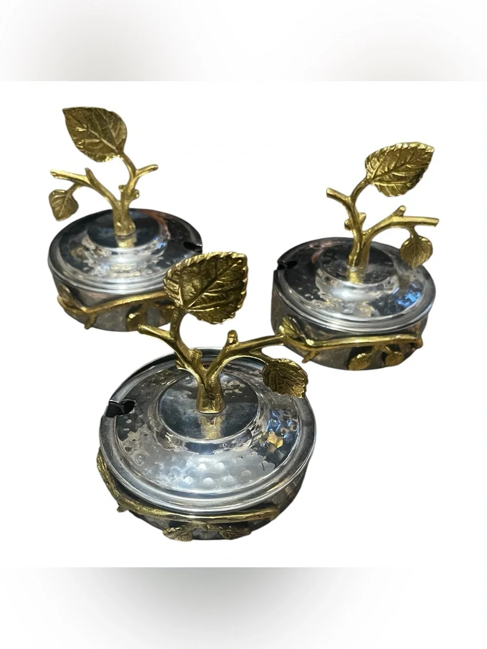 Vintage Godinger Silver Art Co Leaf Condiment Jam Jars Set of 3 - Brass & Stainl